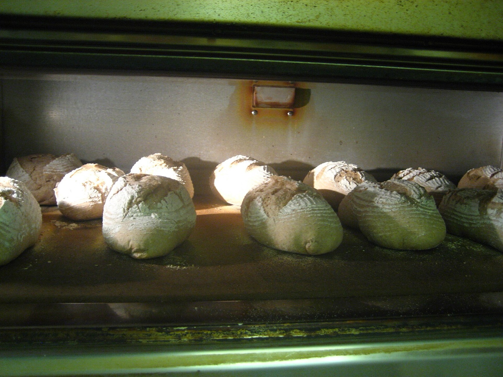 Scored loaves baking in a row on the floor of a deck oven.